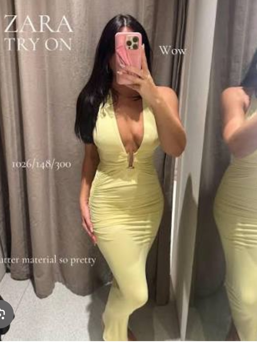 Zara Pale Yellow Ruched Halter Backless Dress